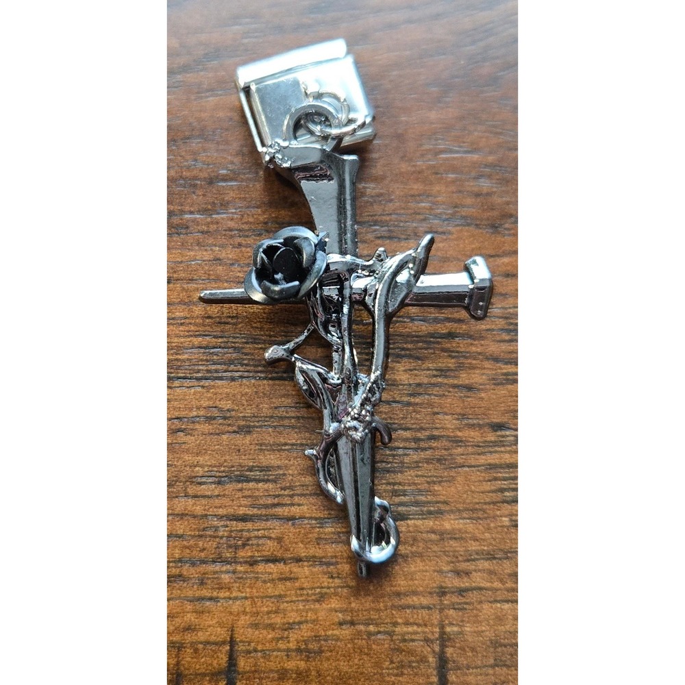 Gothic Nail Cross Rose Italian Charm Stainless Steel 9mm Modular Link Silver